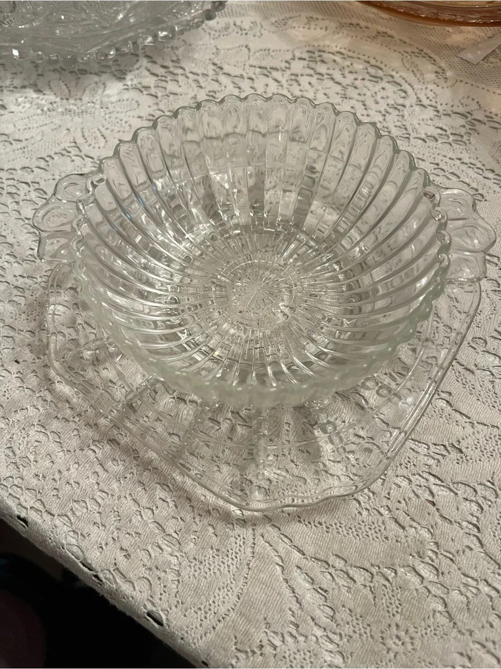 Vintage Clear Pressed Glass Fairy Lamp | Ribbed Bowl & Square Plate